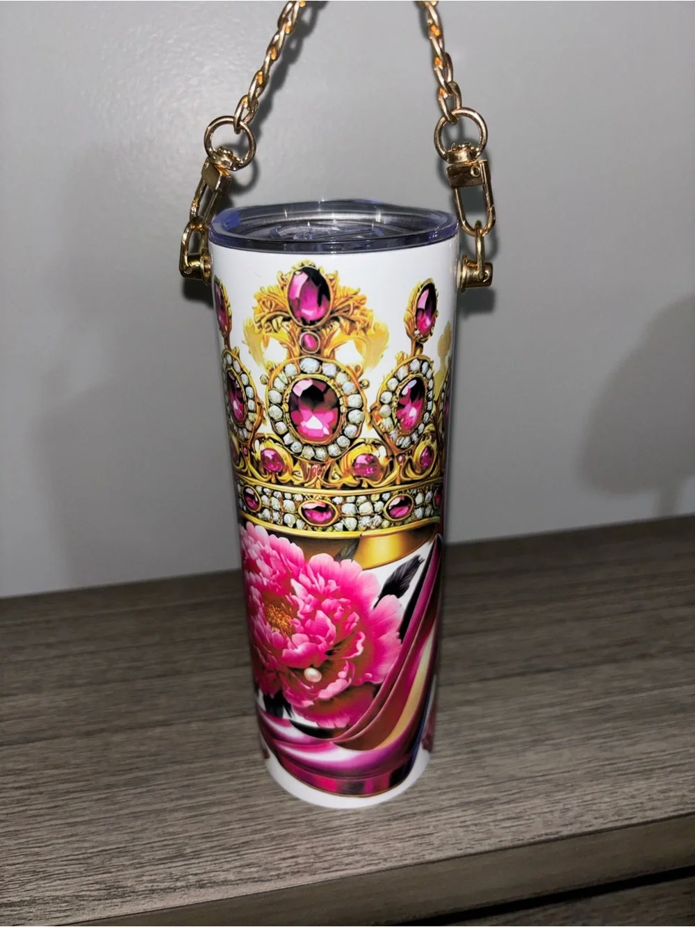 Hand Made Pink Floral & Gold Crown Tumbler